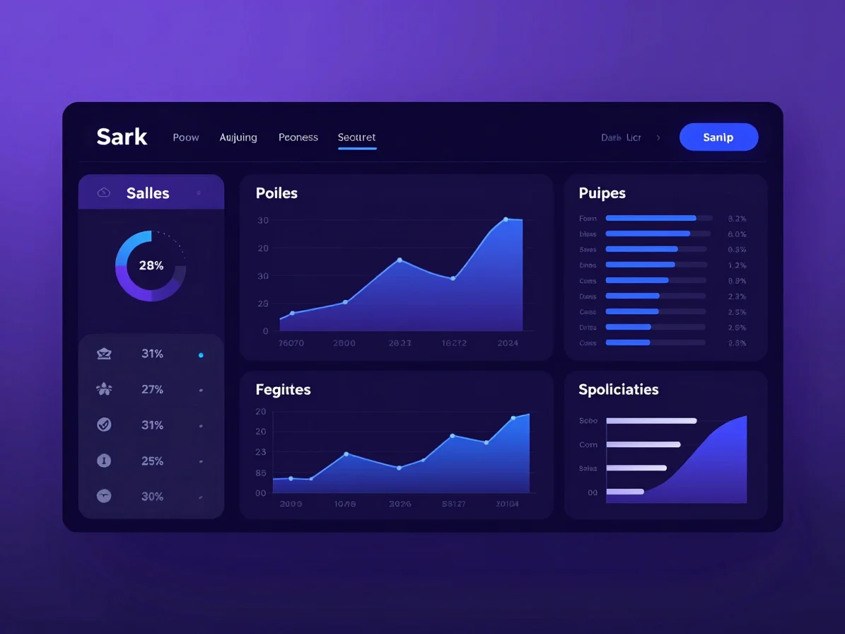 Dark mode SaaS UI showing a comprehensive business intelligence d