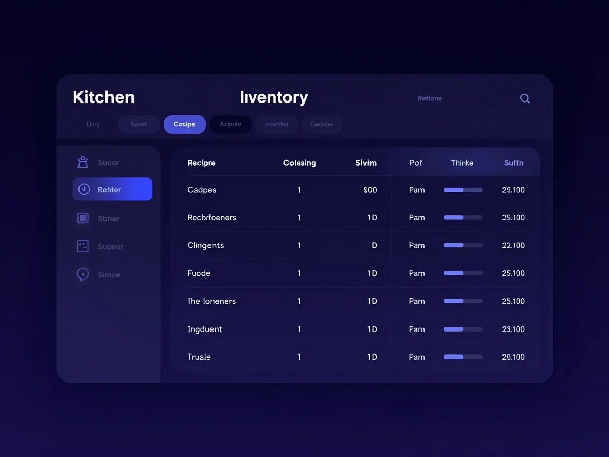 Dark mode SaaS UI showing a kitchen inventory management dashboar