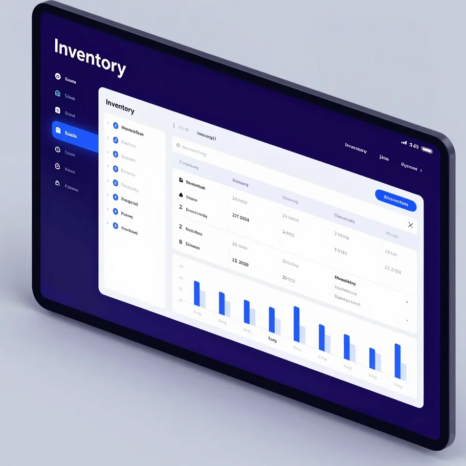 Dark mode SaaS UI dashboard, inventory management screen with tab