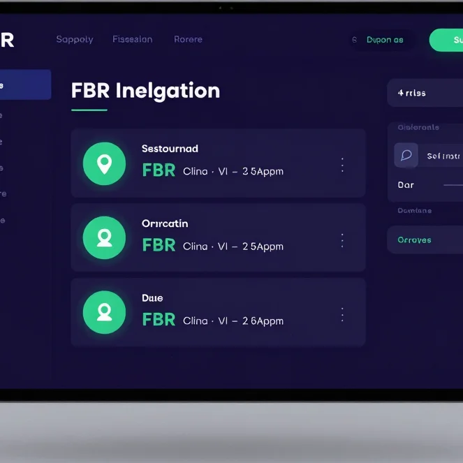 Dark mode SaaS UI dashboard, restaurant POS interface with FBR in