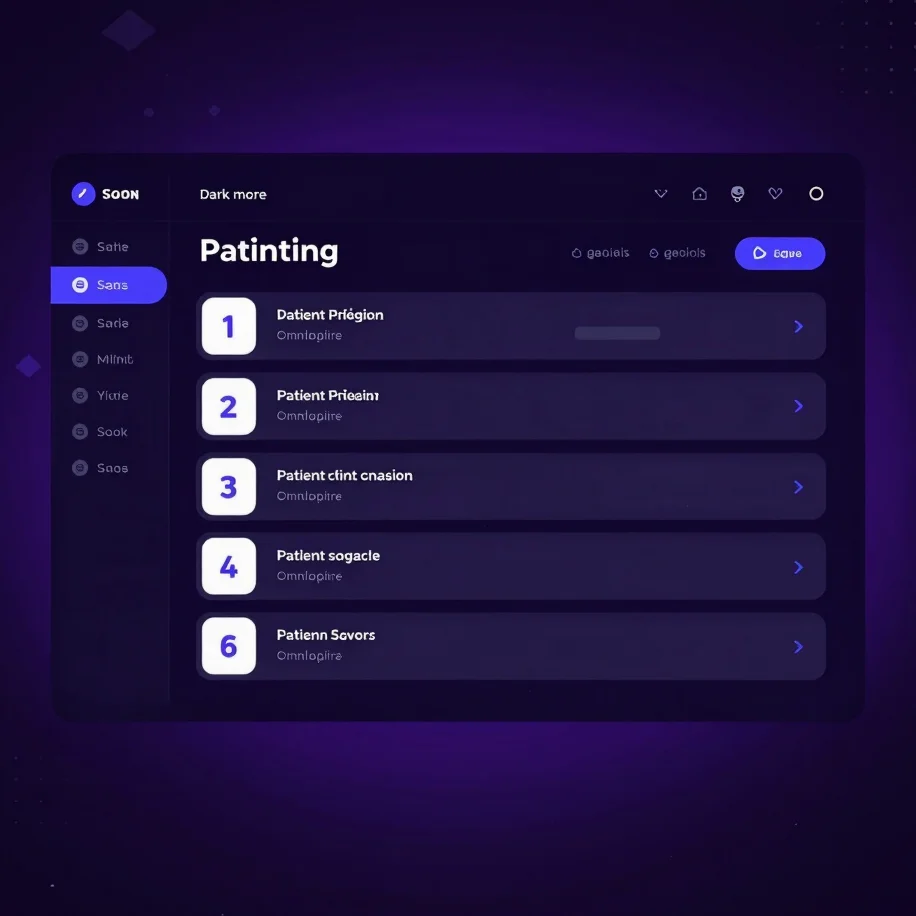 Dark mode SaaS UI dashboard, patient queue management screen, tok